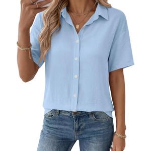 Rapbin Womens Short Sleeve Button Down Shirts Casual V Neck Collared Blouses Work Tops, L