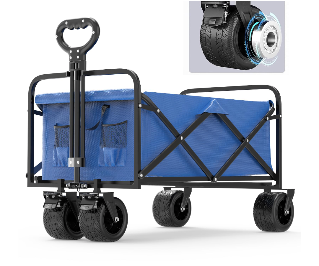 Dreamquest Collapsible Folding Beach Wagon Heavy Duty, Load 420Lbs Foldable Wagon Cart with Dual Brakes and Beverage Cup Holders,Gardening Wagon, All-Terrain Big Wheels for All Roads Blue