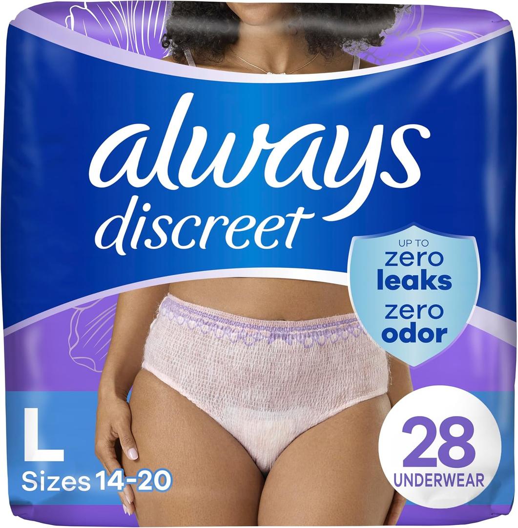 Always Discreet Adult Incontinence Underwear for Women and Postpartum Underwear, Large, Up to 100% Bladder Leak Protection, 28 Count Always Discreet Adult Incontinence Underwear for Women and Postpartum Underwear, Large, Up to 100% Bladder Leak Protection, 28 Count