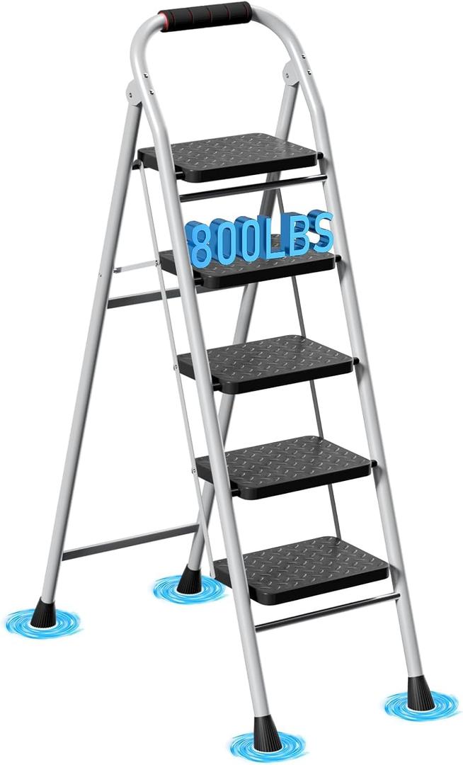 5 Step Ladder, Foldable Step Stool with Wide Anti-Slip Pedal & Thick Rubber Feet, Cushioned Handle, Safe-Lock Design, Folding Portable Ladder for Multi-Purpose, 800lb, Grey