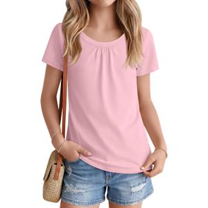 Girls Short Sleeve T-Shirts Pleated Scoop Neck Tops 5-14 Years Loose Casual Basic Tees Summer Lightweight Cute Soft (Pink)