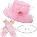 5 Pcs Derby Fascinator Hat Gloves Set for Women Tea Party with Pearl Necklace Bracelet and Earring (Pink)