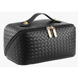 Large Capacity Travel Cosmetic Bag  PU Leather Makeup Organizer Bag Portable Woven Makeup Bags for Women Waterproof Travel Toiletry Bag with Divider Pouch, Black