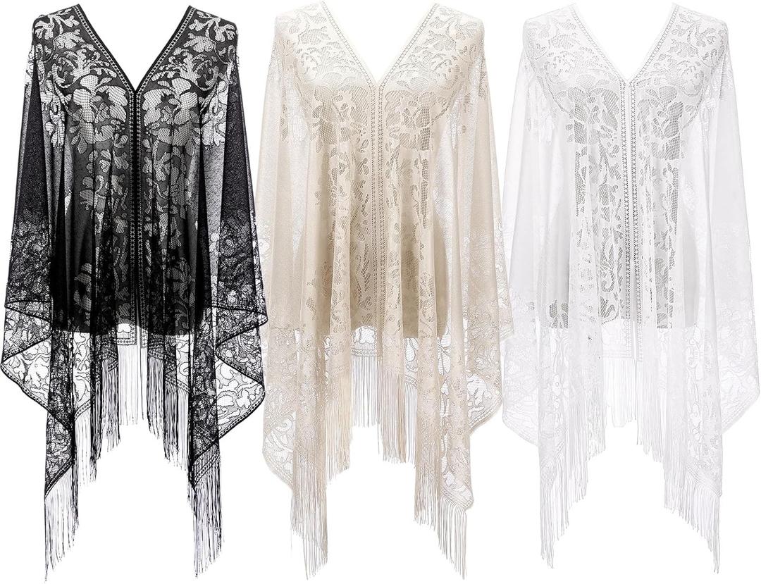 Patelai 3 Pcs Lace Shawls and Wraps for Evening Dresses Scarfs Women Fringe Scarf for 1920s Party Wedding Costume