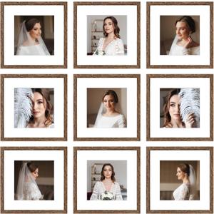 12x12 Picture Frame Set of 9, Display Pictures 8x8 with Mat or 12x12 without Mat, Multi Collage Gallery Square Photo Frames for Wall or Tabletop,Distressed Brown