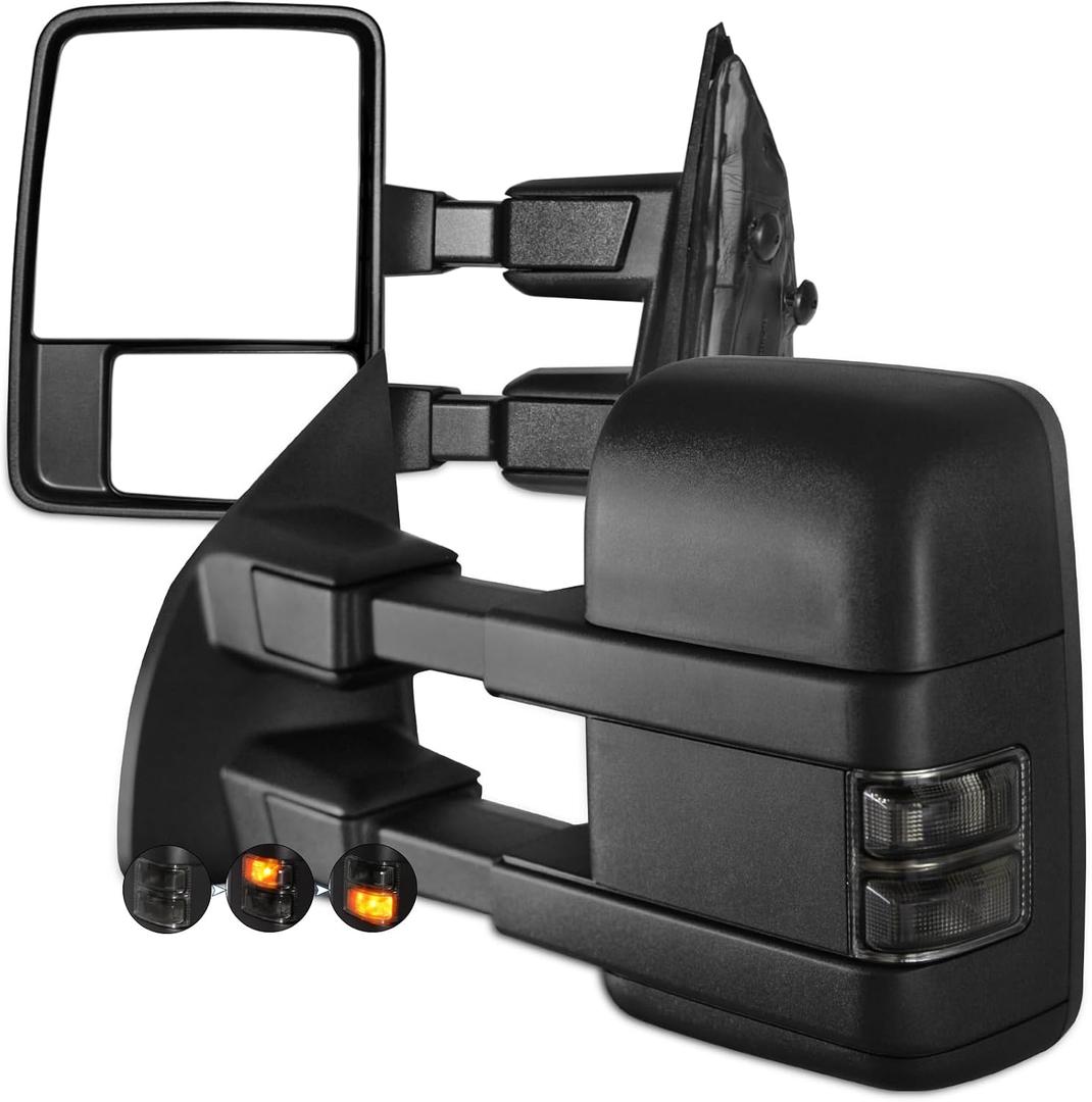 AERDM Towing Mirrors Fit for 1999-2016 Ford F250 F350 F450 F550 Super Duty Tow Mirror Smoked Signal Light Manual glass Telescoping Folding Side Mirrors Pair Set Black