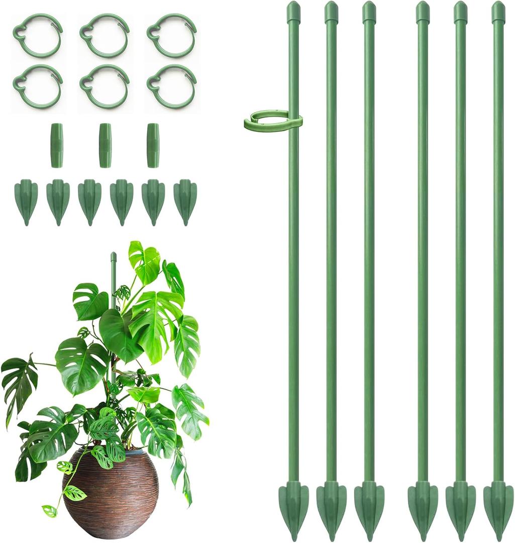 RIFNY Plant Stakes for Indoor Plants, 14 Inch Plant Support Stakes with Clips, Tall Adjustable Plant Sticks for Indoor Monstera Tomato Orchid Potted Plants Flower (6 PCS, Green)