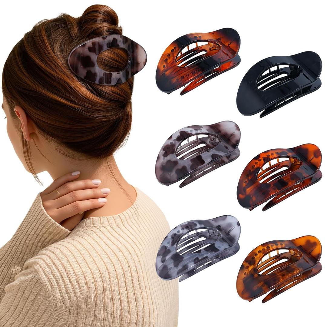 AWAYTR Flat Hair Clips For Women 4.33" Lay Flat Claw Clip for Hair 6Pcs Round Large Hair Claw Clips (Glossy - Leopard Series)