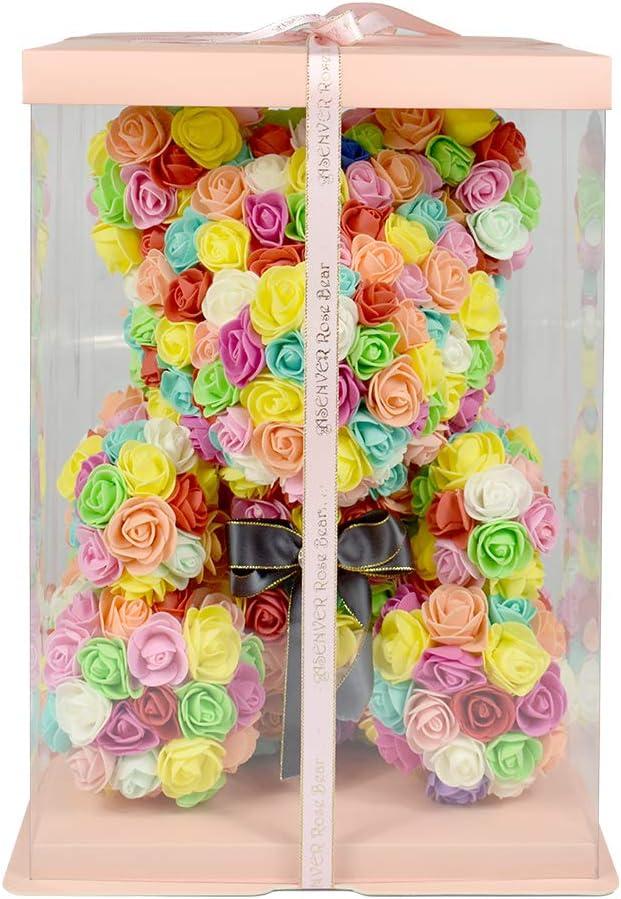 Hand Made Rose Bear Artificial Flower Gift for Mather's Day Birthday Valentine's Day with a 15" Pink Gift Box (Colorful)