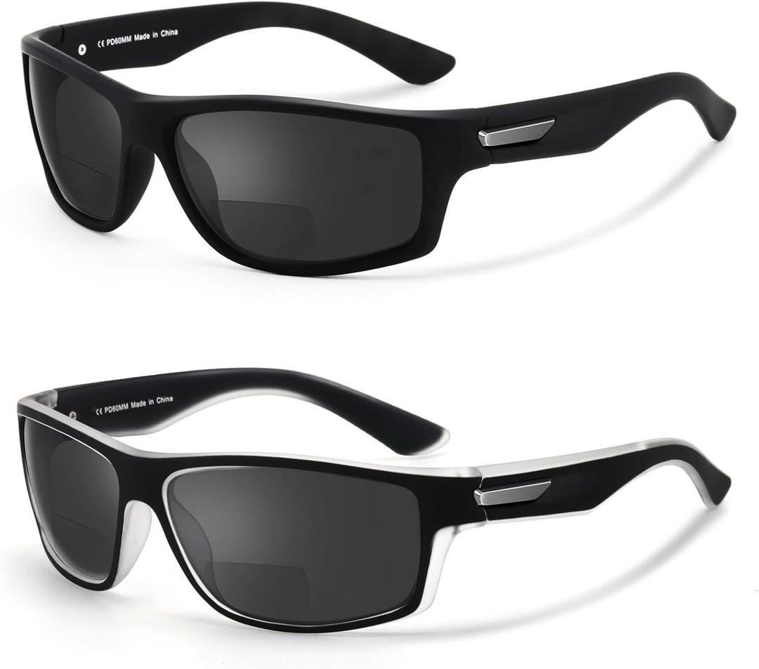 Missfive 2-Pack Mens Ultimate Bifocal Sunglasses with Readers Built In Sporty Upgraded Wrap Frame, UV400 Protection Driving & Reading Glasses for Outdoor +3.0