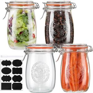 32oz Wide Mouth Glass Jars 4 Pack with Airtight Hinged Lids, Large Clear Kitchen Canisters with Measurement Marks & Decorative Fruit Design for Flour, Coffee, Beans, and Canning (4pack-32oz)
