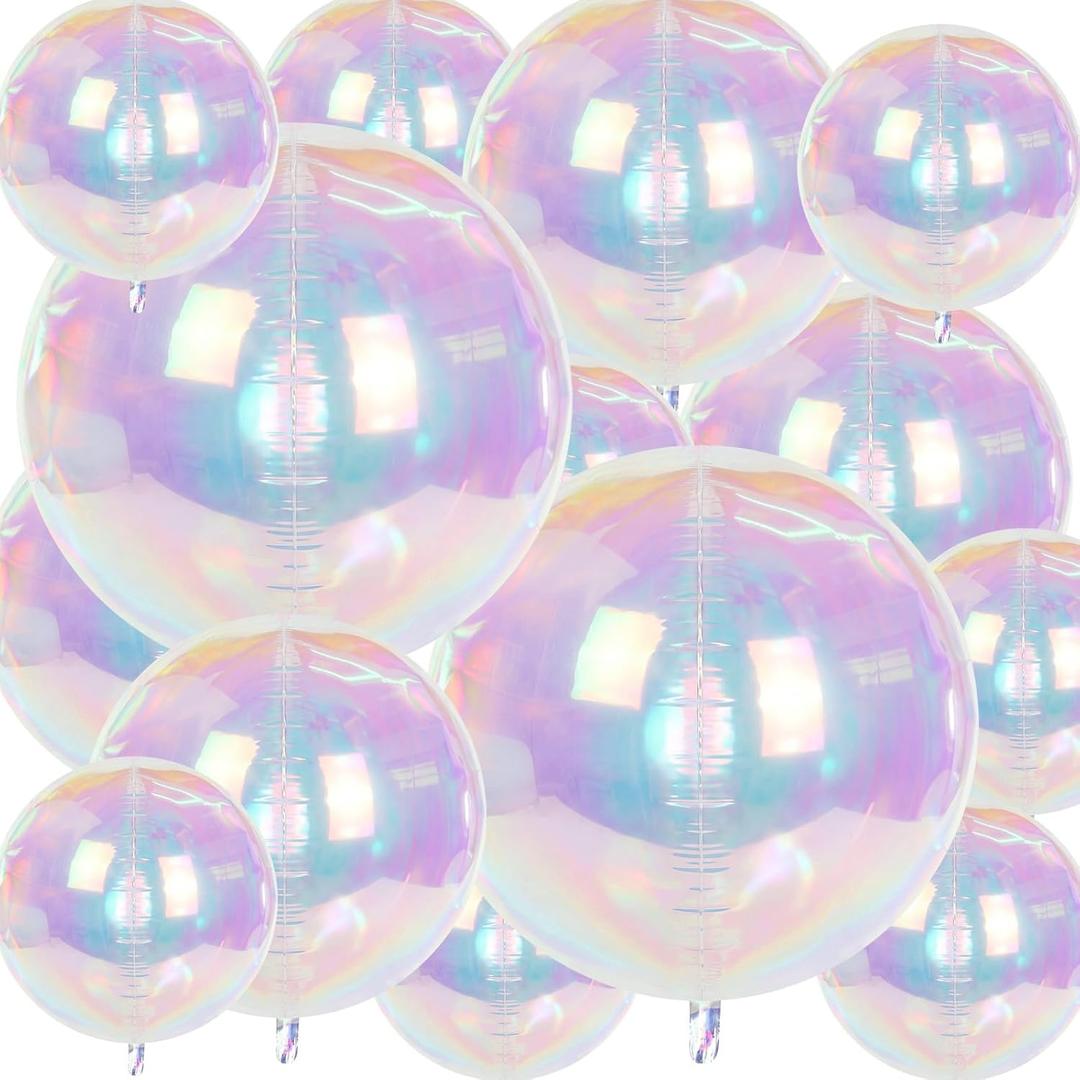 Shappy 14 Pcs Iridescent 4D Round Foil Balloons 32" 22" 12" Different Sizes Large Round Foil Holographic Shiny Balloons for Birthday Wedding Under the Sea Mermaid Disco Party Decoration