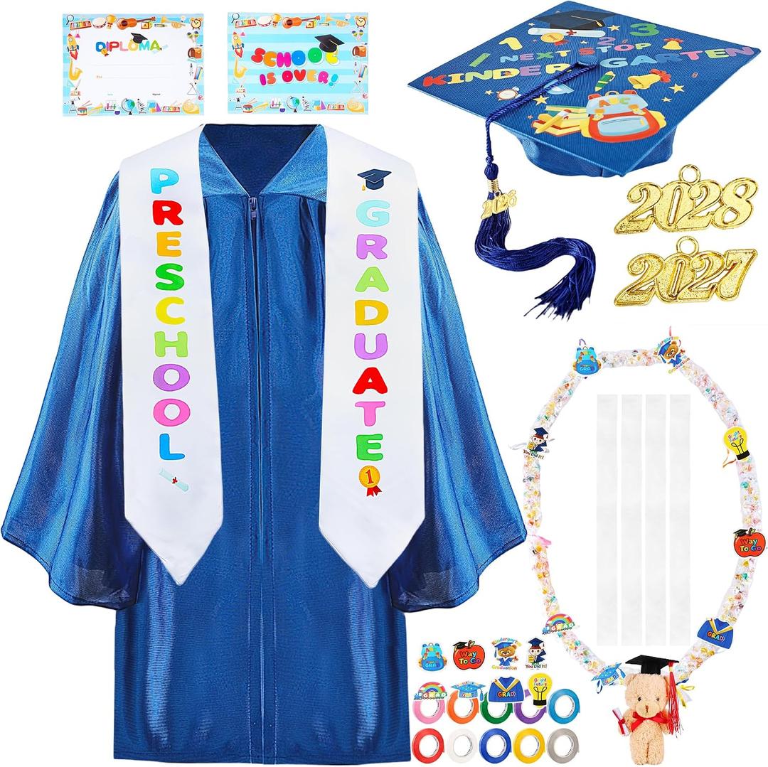 Preschool Graduation Cap and Gown with Tassel Stole Mini Graduation Bear 2 Certificate 8 Cards 4 Candy Lei (Blue, S)