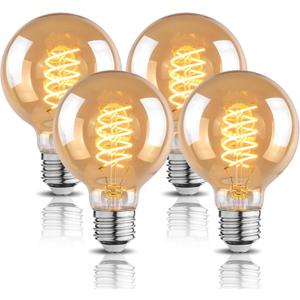 G25 Globe LED Edison Light Bulbs, 6W Equivalent to 60W, 2500K Warm White Flexible Spiral Filament Light Bulbs, Dimmable Vintage LED Bulb, G80 Antique Edison Bulbs, Amber Glass, E26, 4 Pack