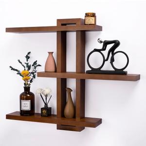 Variable Floating Shelves Wood Set of 3, Cube Wall Mounted Shelves 28.35" Max, Wall Shelves for Living Room Bathroom Bedroom Farmhouse - Light Walnut Color - 28.35" x 23" x 4.3" Max