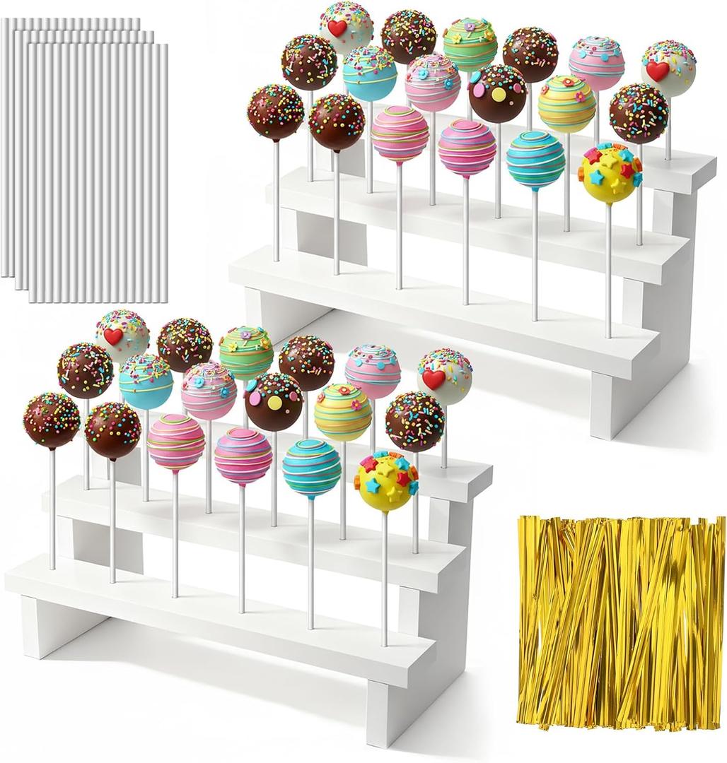 2Pcs Wood Cake Pop Stand 3 Tier Wood Lollipop Holder 17 Hole Sucker Display Riser with Lollipop Sticks & Gold Twist Ties for Dessert Table of Wedding Baby Shower Birthday Party
