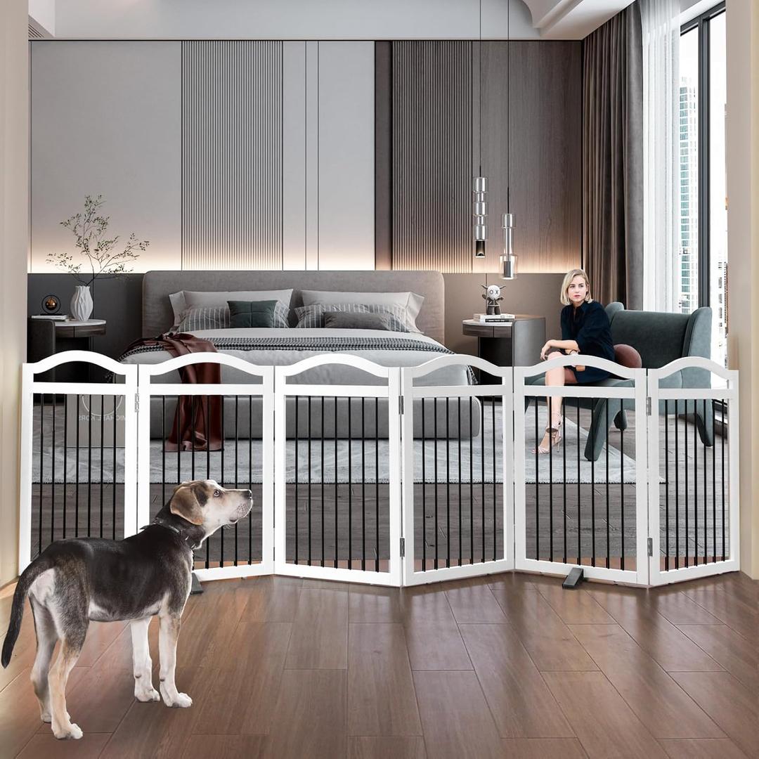 Foldable Freestanding Indoor Dog Gate for Doorways Wooden White Pet Gate for The House Dog Fence with Support Feet Included for Stairs, Hallways, 32" Height,6 Panels