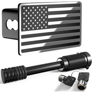 Heavy American Flag Metal Trailer Hitch Covers for 2 inch Receivers,Tow Hitch Covers 2 Inch for Truck Accessories (with 5/8-Inch Pin Diameter Trailer Hitch Lock,Chrome Line)