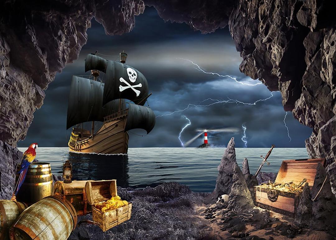 7X5FT Pirate Ship Backdrop Nautical Adventure Treasure Hunt Photography Backdrop Pirate Theme Photography Backdrop Pirate Halloween Decorations F104