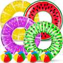 8 Pack Inflatable Pool Floats Kids, 4 Pcs Fruit Swim Tubes Rings and 4 Pcs Beach Balls, Pool Floaties Summer Hawaiian Beach Toys Swimming Luau Party Floats for Kids Adults Water Fun