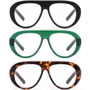AMOMOMA 3 Pack Retro Oversized Aviator Reading Glasses for Women Men,Trendy Blue Light Blocking Readers Large Frame AM6224