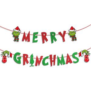 Glitter Merry Christmas Banner - Red Green Glittery Xmas Garland for Home Wall Mantle Fireplace Party Decorations and Supplies