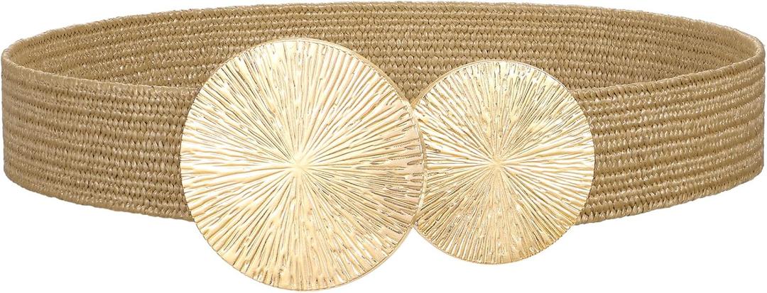 JASGOOD Woven Straw Elastic Belt for Women  Boho Braided Wide Waist Belt with Gold Buckle for Beach Dresses & Summer Outfits (Fit waist size 34''-38'')