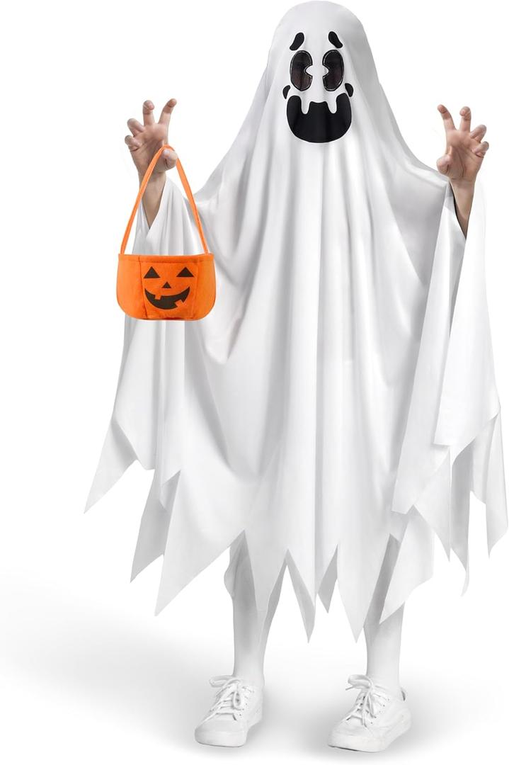 Spooktacular Creations Ghost Costume for Kids with Pumpkin Basket, Scary Halloween Costume for Boys (White)