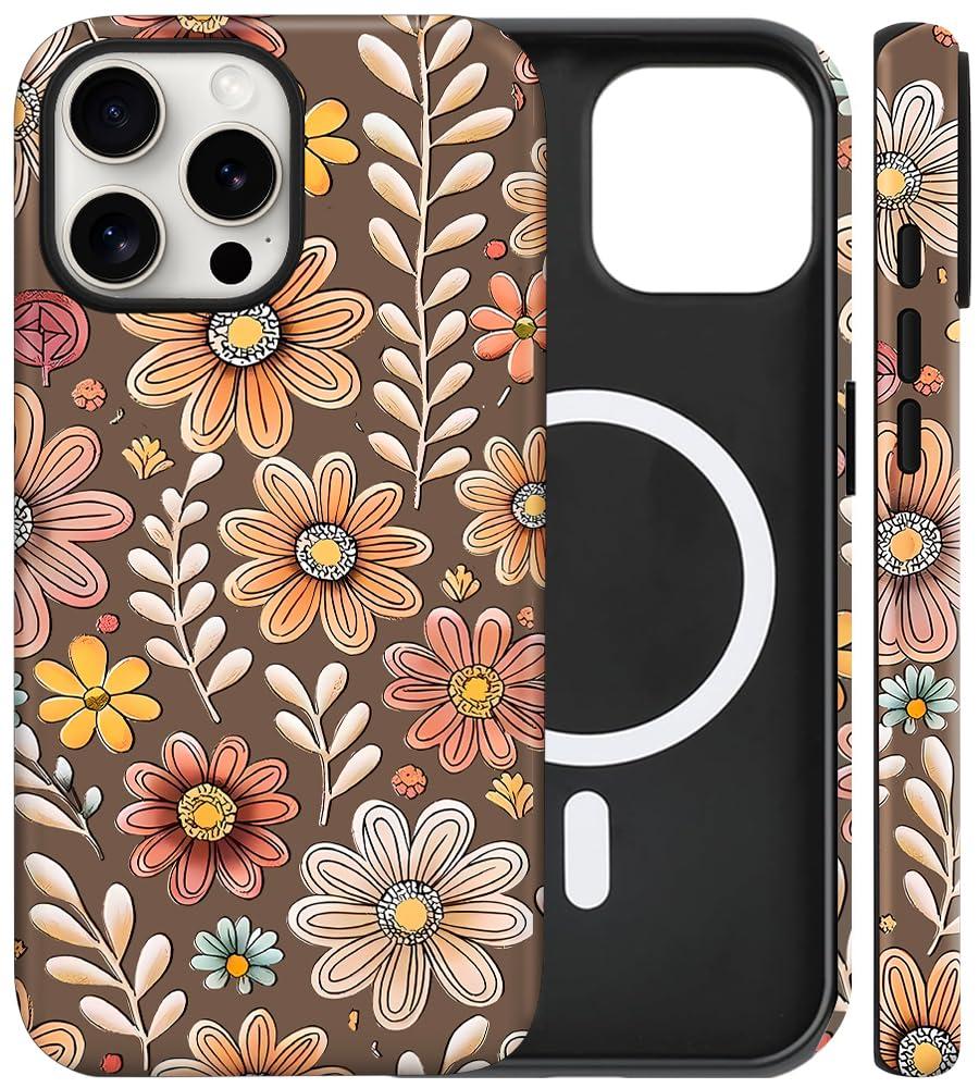 flewfun Magnetic for iPhone 14 Pro Max Case Cute Brown Floral Flowers Phone Case, Shockproof Slim TPU and Hard PC Protective Phone Cover Compatible with MagSafe Designed for Women Girls