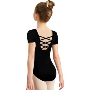 MOLLDAN Girls Dance Ballet Leotards Short Sleeve Criss Cross Straps Back (6-8 Years, Black)