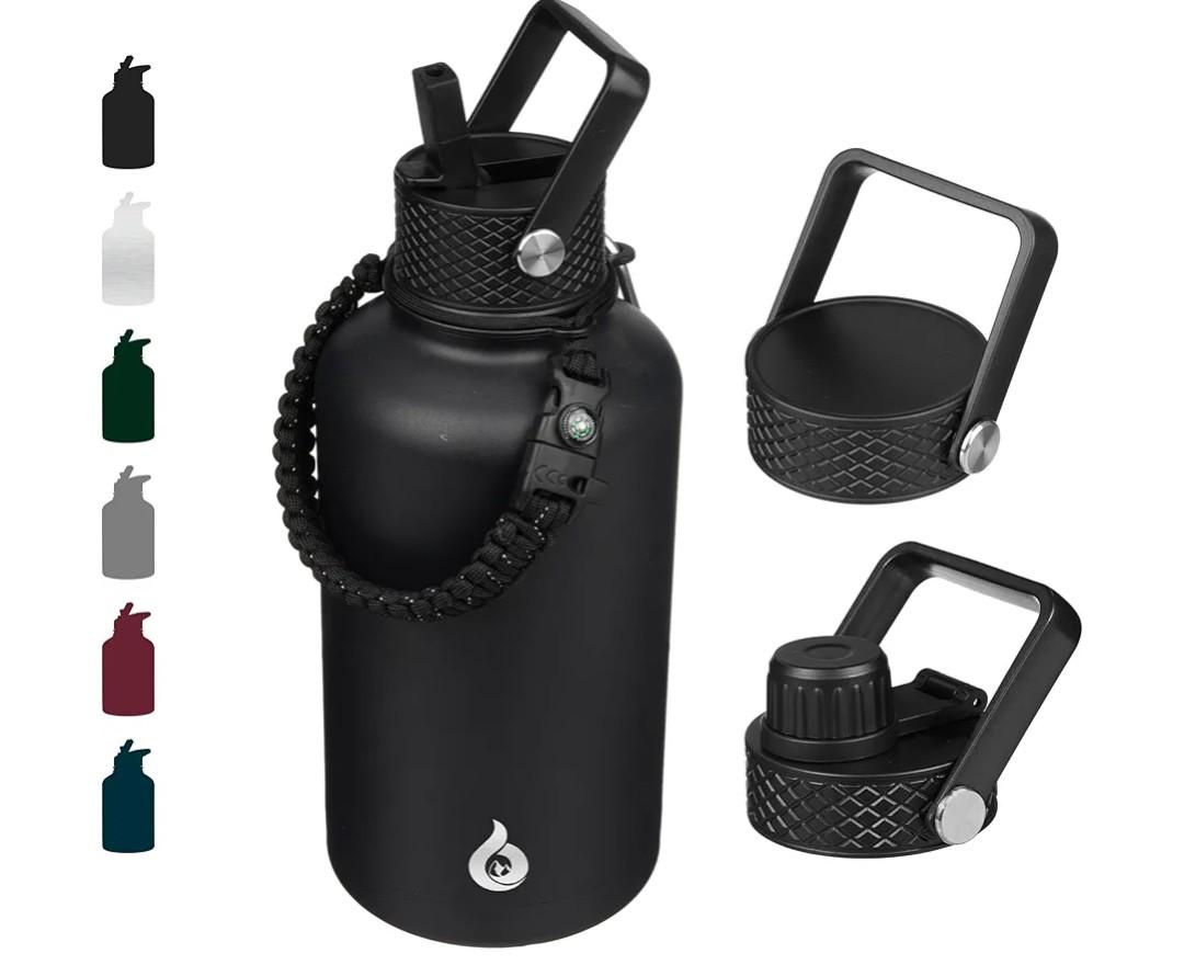 BJPKPK Half Gallon Insulated Water Bottles with Straw Lid, 64oz Large Water Jug, Stainless Steel Bottles with 3 Lids and Paracord Handle, Thermo for Hot & Cold Liquid, Black