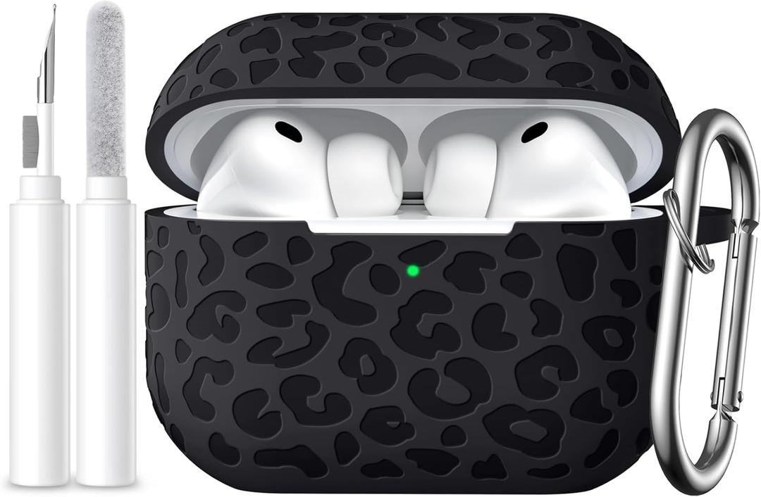 Leopard Engraved Compatible for AirPods Pro 3 Case Cover(2025),Soft Silicone Compatible with Apple AirPods Pro 3 for Women,Cute Air Podspro3 Case with Keychain &Cleaning Kit,Black