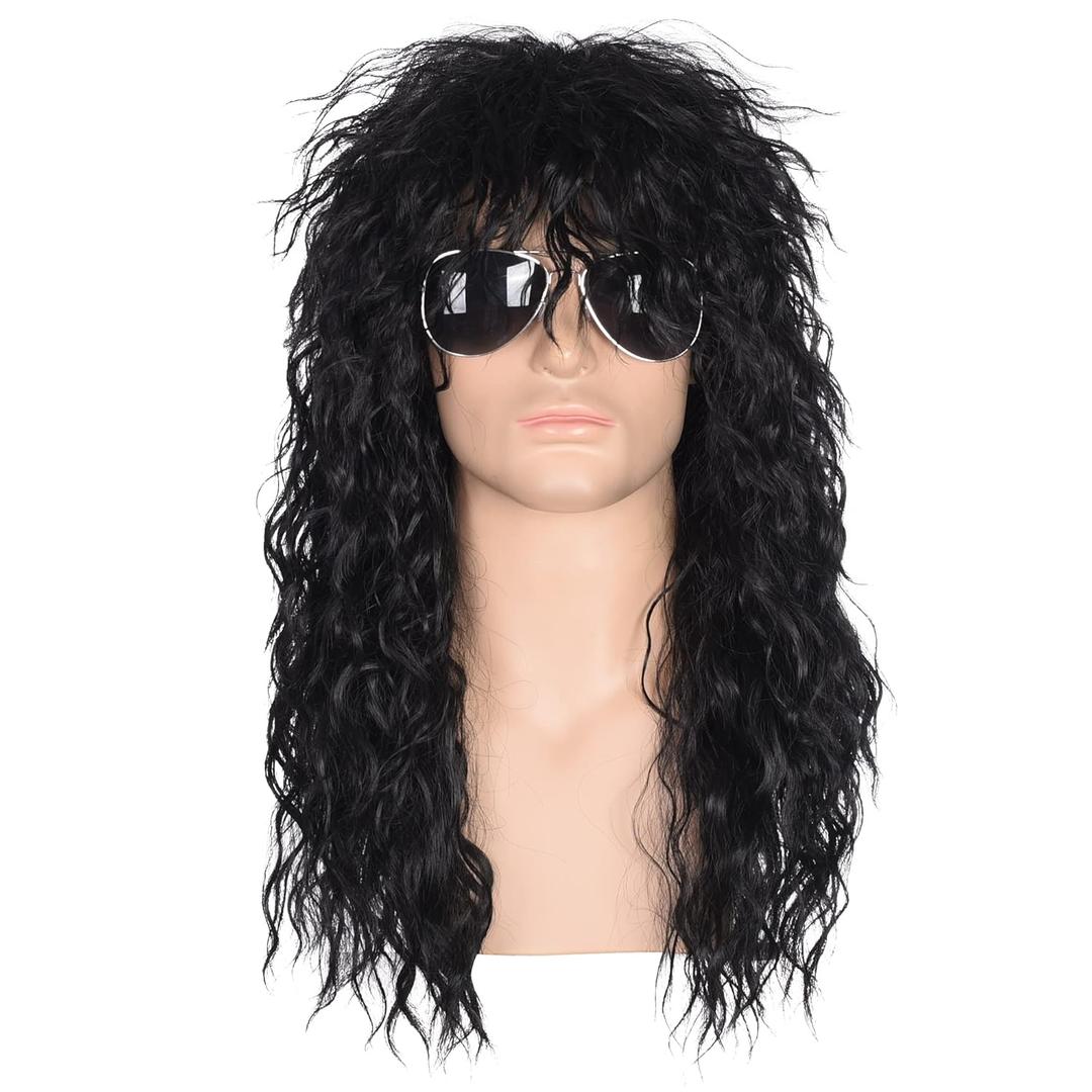 Morvally Men's 80s Style Long Black Curly Hair Wig Glam Rock-Rocker Wig Perfect for Halloween, Cosplay, DIY Themed Costume Party, Black