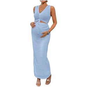 Milumia Women's Maternity 2 Piece Outfits Textured Drawstring Tie Knot Tank Top Bodycon Maxi Skirt Sets, Large