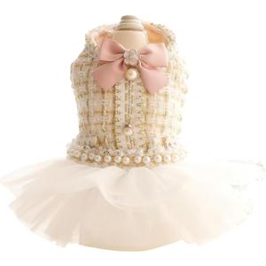 Luxury Pink Tweed Dog Dress & Cat Wedding Dress, Pearl Bow Princess Pet Formal Outfit with Structured Fit, Soft Lining & Tulle Skirt for Small Dogs and Cats(M)