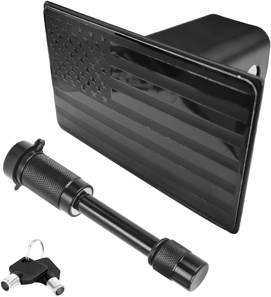 Tow Hitch Cover, American Flag Metal Trailer Hitch Cover with 5/8-Inch Pin Bolt, Heavy Lockable USA Flag Truck Towing Hitch Covers for 2 inch Receivers, Car Accessories (Black)