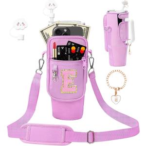 Initial A-Z Carrier Bag for 40 oz Tumbler, Stanley Cup Holder with Strap - Spill Stopper - Letter Charm