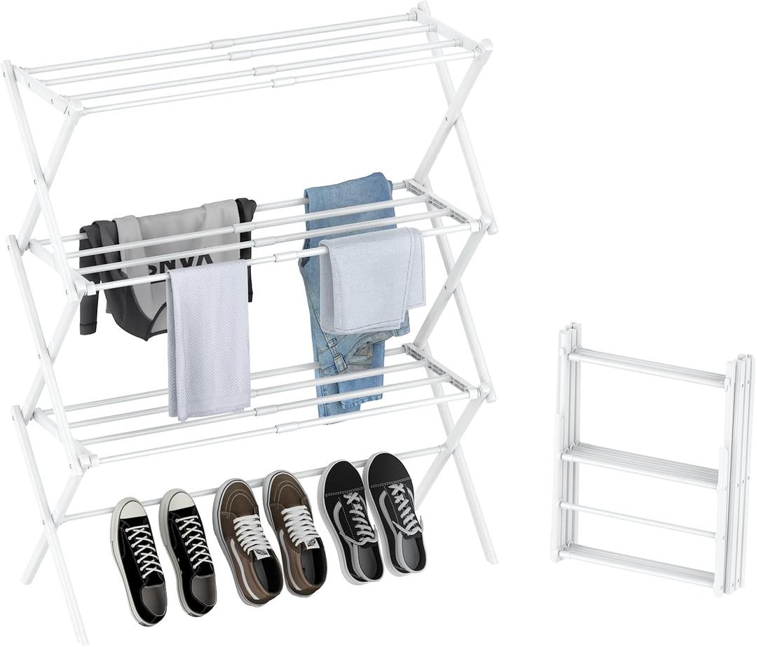 Foldable Drying Rack Clothing, 3-Tier Clothes Drying Rack Use for Indoor & Outdoor Antirust Laundry Drying Rack Collapsible White 28" L x 35" H x 10" W