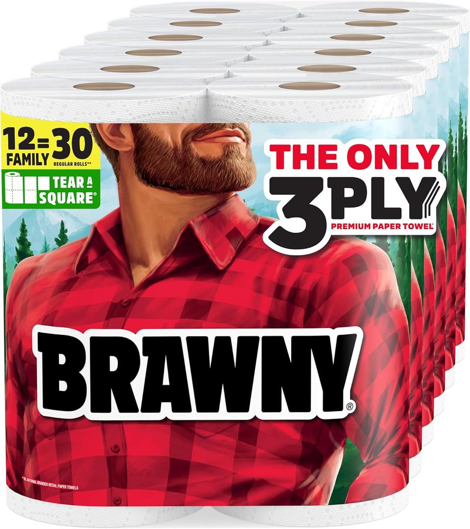 Brawny Tear-A-Square 3-Ply Paper Towels, 12 XL Family Rolls, Strong, Absorbent, and Durable with 3 Sheet Sizes (Quarter, Half, Full)