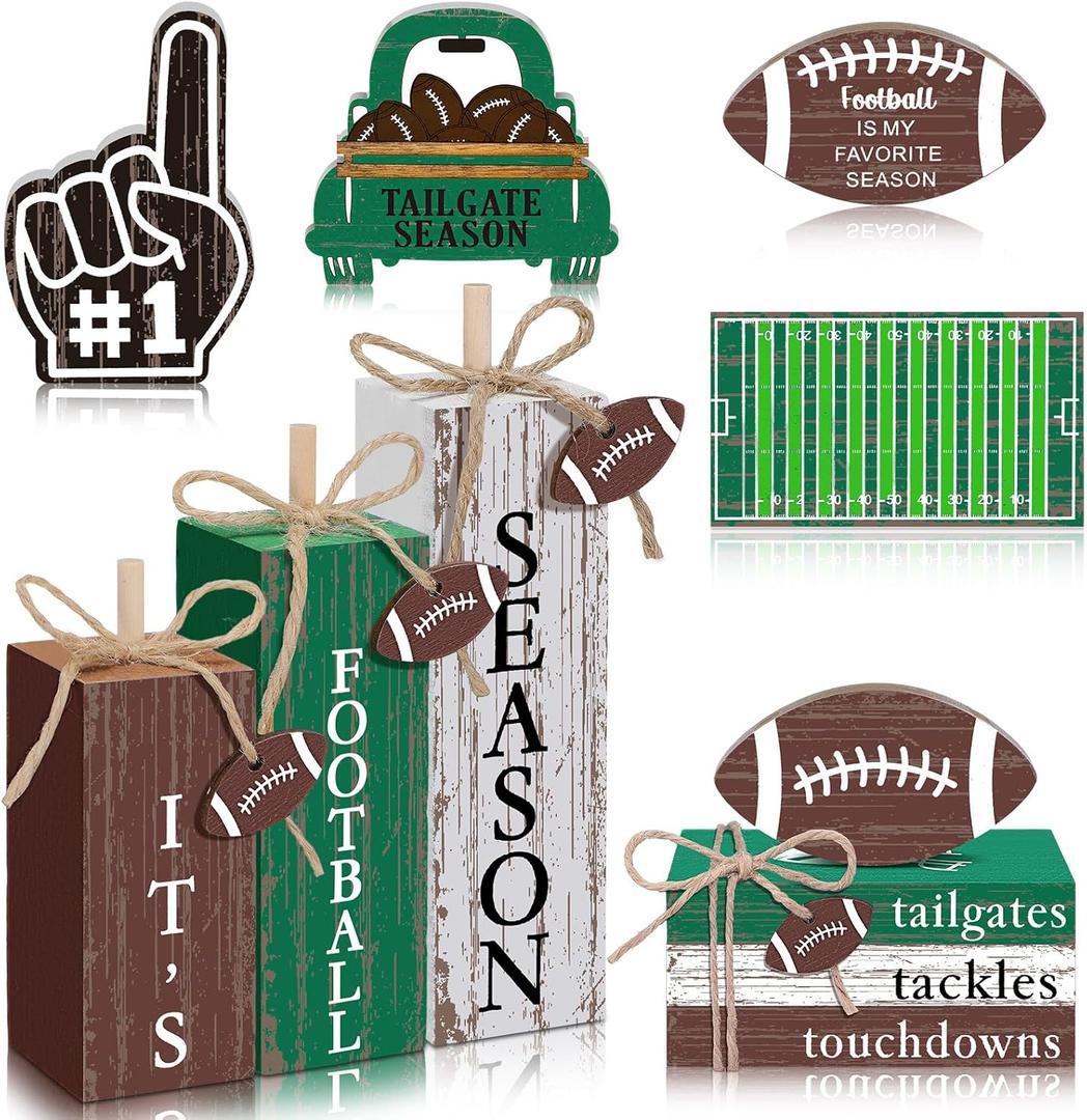 11 Pcs Football Table Decorations Football Tiered Tray Decor Centerpiece Decorative Wood Books Table Top Decor Tailgates Tackles Touchdowns Wooden Sign for Home Party Supplies