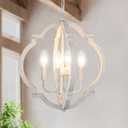 White Farmhouse Orb Chandelier for Dining Room- 4 Light Modern Pendant Light Fixture, Rustic Wood Hanging Lights for Kitchen Island Living Room Bedroom Entryway