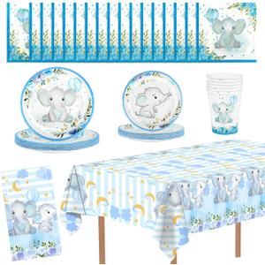 81 PCS Elephant Party Tableware Supplies, Disposable Blue Plates Cups Napkins Tablecloth Elephant Dinnerware Set for Anniversary Baby Shower Birthday Party Thanksgiving Christmas Decor, Serves 20