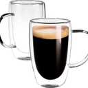 Clear Glass Double Wall Insulated Round Coffee Mugs Set of 2 Pieces - Large Size 16oz Best Reusable Coffee Mug for Home Cafe Restaurant Perfect for Espresso Capucinno Lungo Latte Coffee