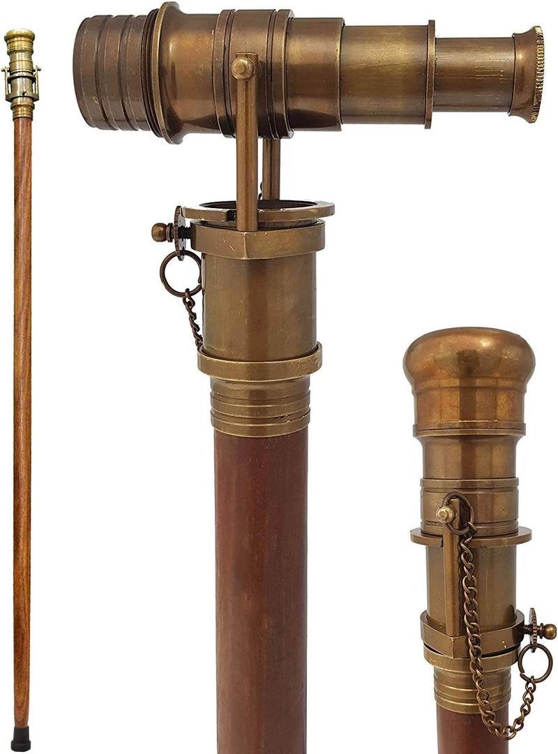 Brass Nautical Telescope Walking Stick Antique Finish Costume Wooden Cane Foldable Rosewood Stick Steampunk Style