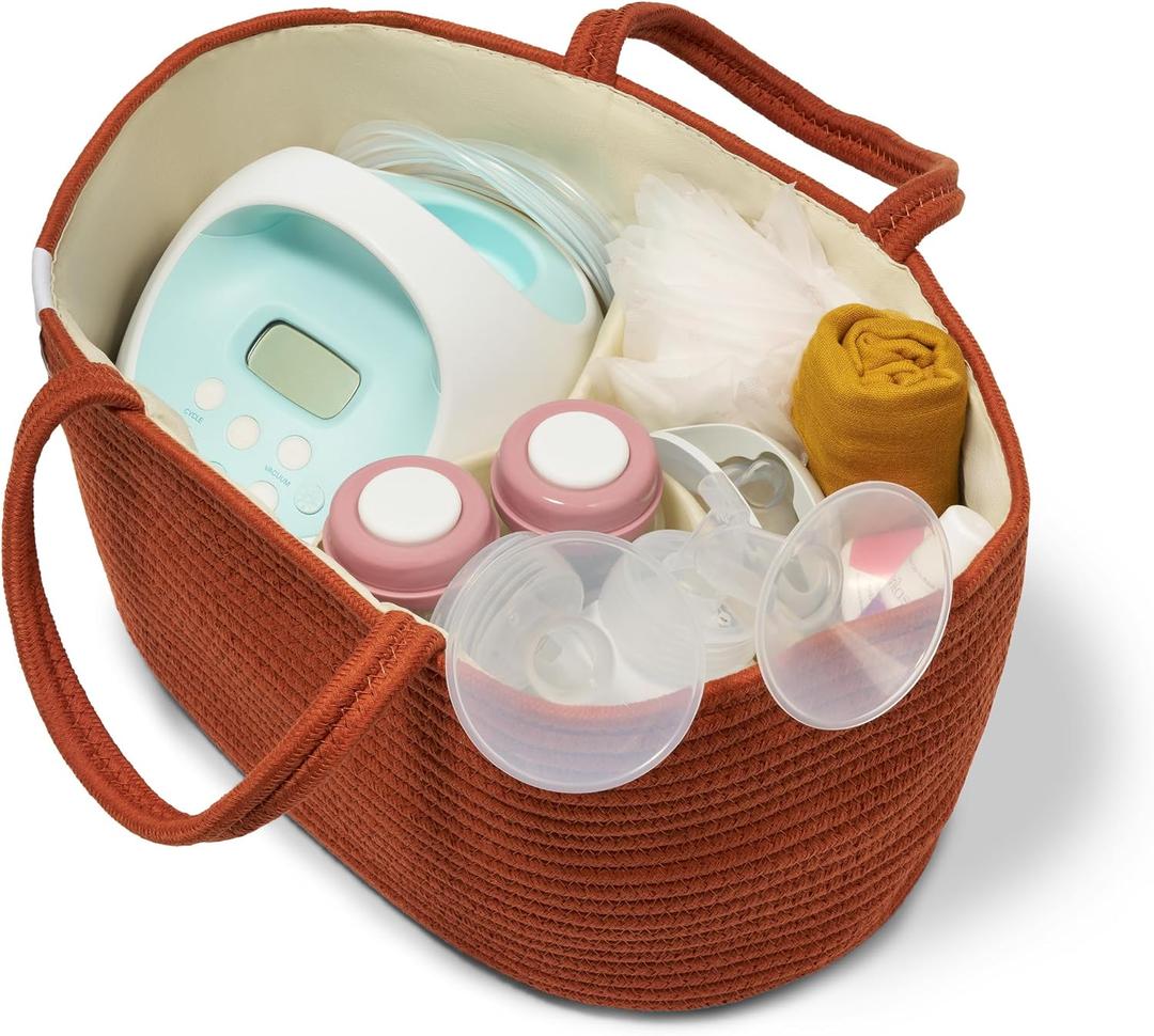 Natemia Rope Diaper Caddy Organizer Nursery Storage Basket with 3 Compartments for Breast Pump Storage, Diapers, Wipes & Toys Portable Tote and Gift Bag for Registry and Newborn Essentials