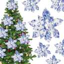 Janinka 8 Pcs Chinoiserie Christmas Large Decorations for Tree 10.6 Inch Blue White Chinoiserie Style Poinsettia Floral Picks Large Chinese Fabric Artificial Flower Stems for Xmas Tree Decor Party