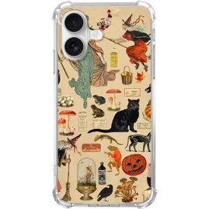 Vintage Witchy Halloween Phone Case Compatible with iPhone 16 Plus, Spooky Halloween Flying Witch Cats Frog Phone Case for iPhone 16 Plus, Trendy TPU Bumper Phone Cover Case