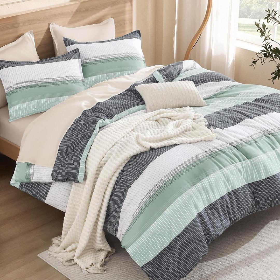 Litanika King Size Comforter Set Light Green - 3 Pieces Stripe Bed Set