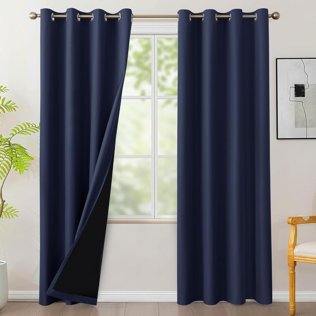 BONZER 100% Blackout Curtains 84 inches Long for Bedroom- 4 Panels Full Light Blocking Window Drapes, Single Layer Room Darkening Curtain with Black Backing for Living Room, Kids Room, Navy Blue