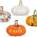 Glass Pumpkin Fall Decor Set  4 PCS Handblown Pumpkins for Autumn Decorations, Halloween, Thanksgiving, Harvest Table Centerpiece, Mantel Fall Accents (Mixed Colors - 4pcs)